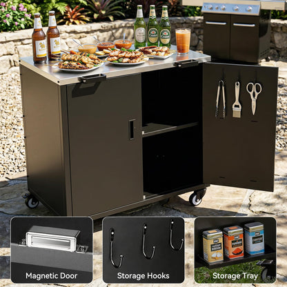 ADREAK Outdoor Grill Table, Movable Grill Cart with Door, Outdoor Grill Stand with Large Capacity ＆ Hooks, 2 Tier Pizza Oven Table for Outdoor Use