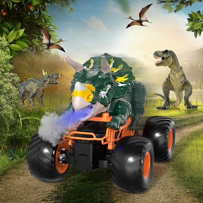 Bennol Remote Control Dinosaur Car for Boys Kids 2.4Ghz RC Triceratops Truck Toy for Toddlers Electric Hobby RC Car Toys with Light &amp Sound Spray for 3 4 5 6 7 8 Year olds Kids Boys Girls