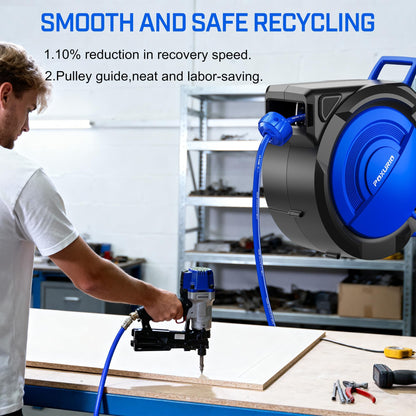 POXURIO 120FT+6.5FT Retractable Air Hose Reel, 5/16" Hybrid Air Hose, Air Compressor Hose Reel with Max 300 PSI Patented Design, Retractable Auto-Rewind Enclosed Heavy Duty 180° Swivel Mount