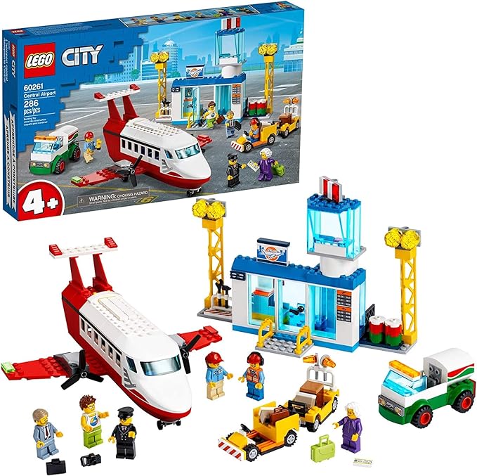 LEGO City Central Airport 60261 Building Toy with Passenger Charter Plane Airport Building Fuel Tanker Baggage Truck Cargo and 6 Minifigures Great Gift for Kids (286 Pieces)