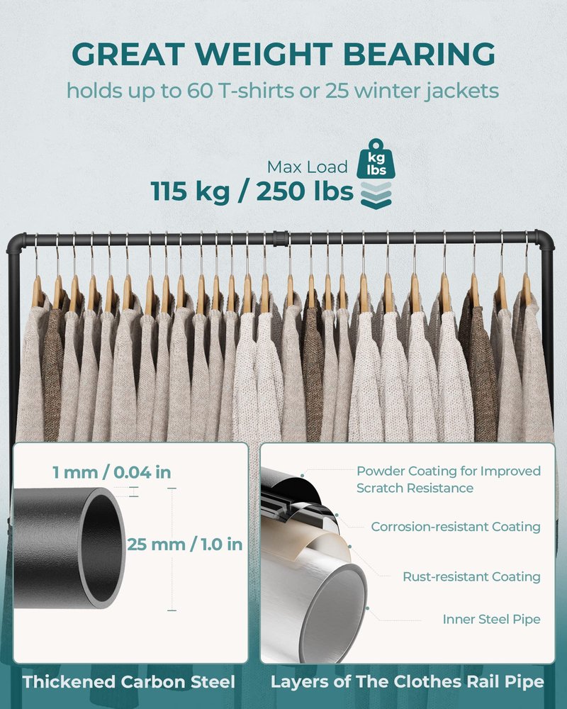 OROPY Industrial Pipe Clothing Rack Free Standing, Heavy Duty Detachable Clothes Rack with 4 Stable Feet for Garment Storage Display, Black