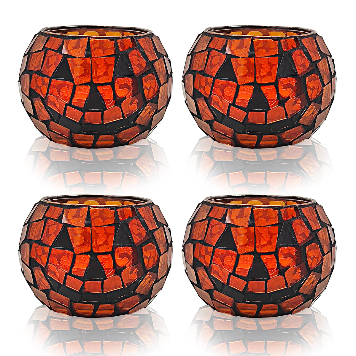 SHMILMH Halloween Candles Holder Set of 4, Grimace Tealight Holders, Handmade Mosaic Pumpkin Glass Votive Candle Holders for Halloween Table Centerpiece Home Decor