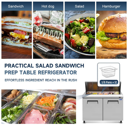 48"W Commercial Sandwich Prep Table Refrigerator - Stainless Steel Door with 12 Pans, 14 Cu.Ft Capacity, Auto Defrost, Digital Temperature Control for Restaurants, Delis, Catering & Convenience Stores
