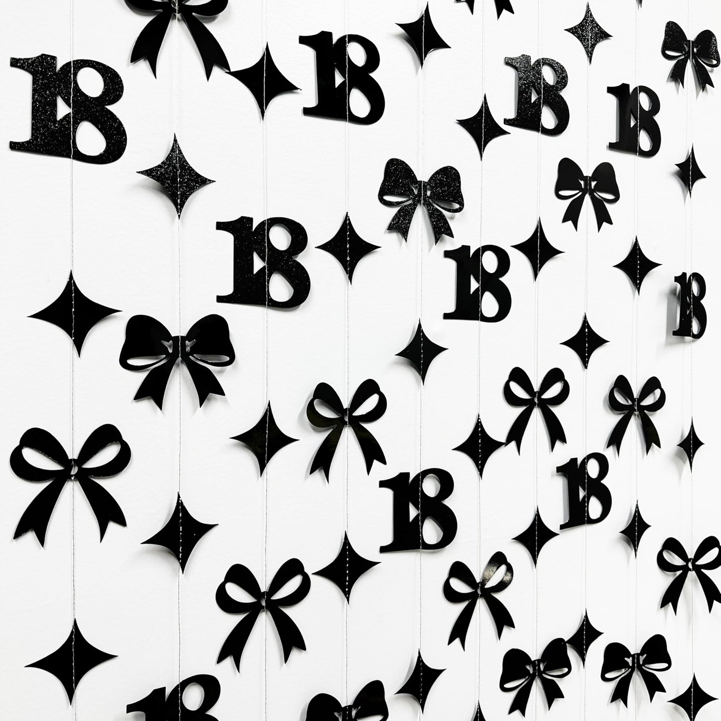Black 18th Bow Birthday Decorations Glitter Conquette Bow Garland Streamer Banner Backdrop for Girls Boys Happy 18th Birthday Time to Adult Cheers to 18 Years Old Anniversary Party Supplies