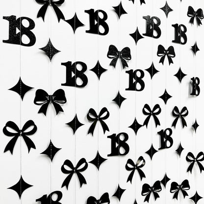 Black 18th Bow Birthday Decorations Glitter Conquette Bow Garland Streamer Banner Backdrop for Girls Boys Happy 18th Birthday Time to Adult Cheers to 18 Years Old Anniversary Party Supplies