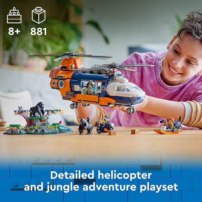 LEGO City Jungle Explorer Helicopter Toy at Base Camp - Kids Toy Adventure Building Set for Boys &amp Girls Ages 8+ - with 5 Minifigures &amp Gorilla Figures - Gift Ideas for Birthdays - 60437