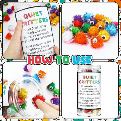 WinnerWhy 50 Pcs 1'' Pom Poms Critters with Plastic Jar Quiet Critters Classroom Management, Behavior Classroom Management Tool, Homeschooling, Educational and Learning Activities for Kid(Multicolor)