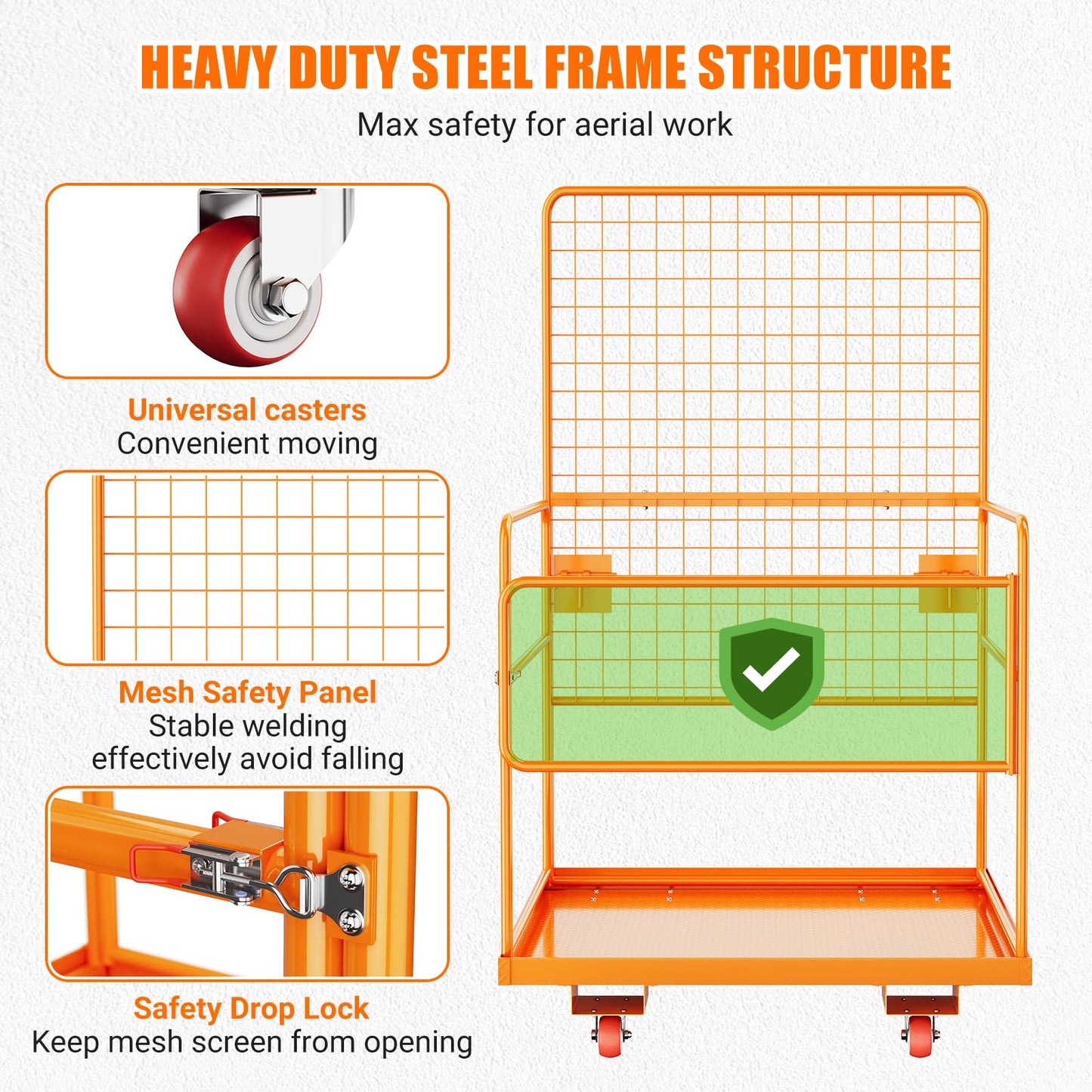 45 in x 43 in Forklift Cage, Max. 2200 LBS Forklift Man Basket with Harness & Wheels, Foldable Work Platform, Lift Basket Aerial Rails for Lifting Loader