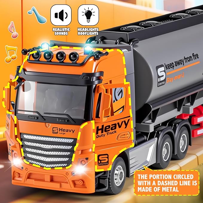 9 Channel RC Semi Truck with Trailer Metal Cab 2.4Ghz Remote Control Oil Tanker Truck with Lights and Sounds Birthday Gift for Kids Boys 14.6