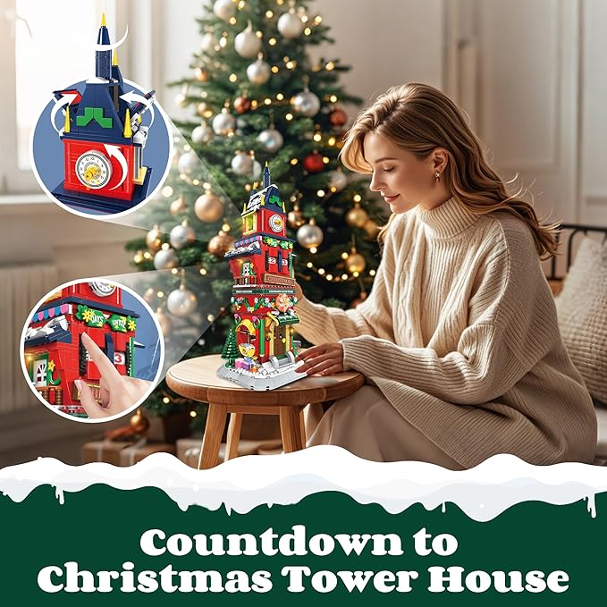 Christmas Countdown Tower House Building Toys - Lego-Compatible Christmas Village House Building Set with LED Light Countdown Clock Tower Christmas Festival Holiday Model Gift Idea for Adult Kids 6+