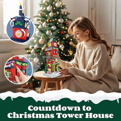 Christmas Countdown Tower House Building Toys - Lego-Compatible Christmas Village House Building Set with LED Light Countdown Clock Tower Christmas Festival Holiday Model Gift Idea for Adult Kids 6+