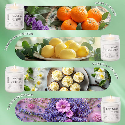 Molensun 4 Pack Candles for Home Scented, 28 oz Long Lasting Candles, Soy Candle Set Gift for Women - Lavender Thyme/Lemon Eucalyptus/Sage &Citrus/Vanilla Cupcake