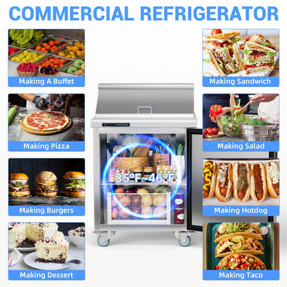 GAOMON Commercial Refrigerator, 28" Sandwich & Salad Prep Table, 7.42 Cu. Ft Stainless Steel Refrigerated Food Prep Station with 8 Pans, Cut Board, 1 Door Worktop Fridge with lock for Restaurant