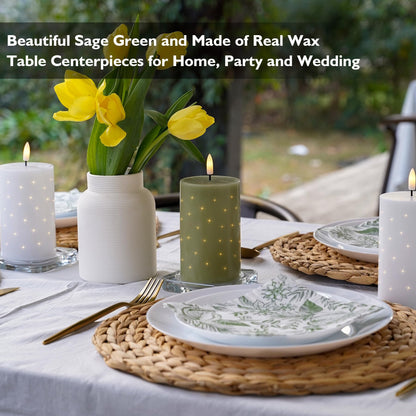 Rhytsing Sage Green Fiber Optic Real Wax Flameless Candles with Remote, Battery Operated Decorative Pillar Candles for Spring and Summer, Christmas Gift Set with Batteries, H 5 inches - Set of 2