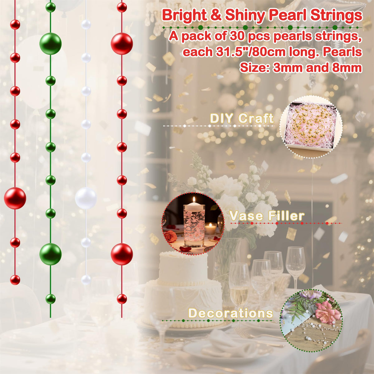 YATOJUZI 30 PCS Artificial Pearl String Vase Filler Floating Pearls for Vases Centerpieces Faux Pearl Beads String Decorations Holiday Christmas Party Decor
