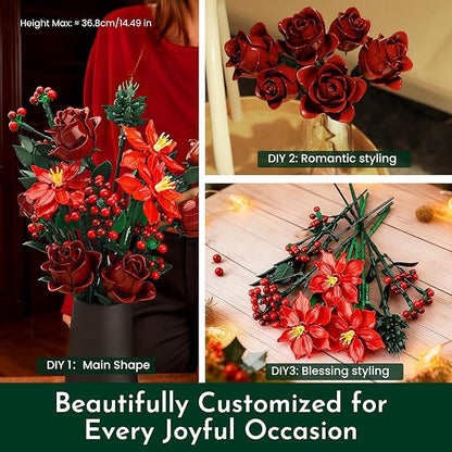 Rose Flower Bouquet Building Set for Adults Buildable Artificial Poinsettia Floral Botanical Decor for Table Centerpiece Birthday for Women Girlfriend Mom Wife(917 Pcs)