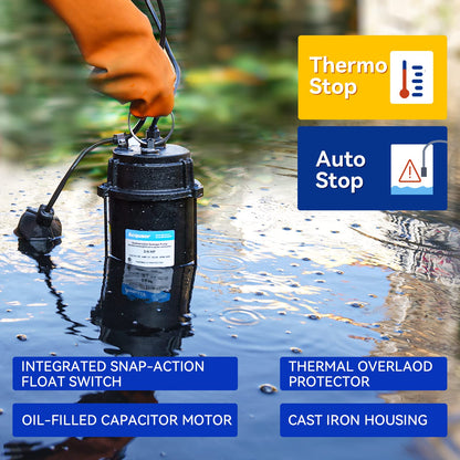 Acquaer Sewage Pump, Cast Iron, Automatic Tethered Float Switch, Sewage Effluent Pump for Sump Basin, Basement, Residential Sewage, 2'' NPT Discharge, Dark
