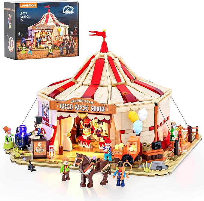 Travelling Circus Lighting Building-Bricks Set - The Wild West Show 1962 Pcs Collection Display Set for Adults and West Lovers