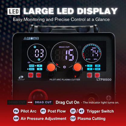 LOTOS Apex LTP8500 | 85A HF Pilot Arc Plasma Cutter, Drag-Cut Enabled, 1" Clean (1.5" Sever), 220V Single-Phase, LED Controls & Front Regulator, Portable Air Plasma Cutter for Fab, Auto, HVAC