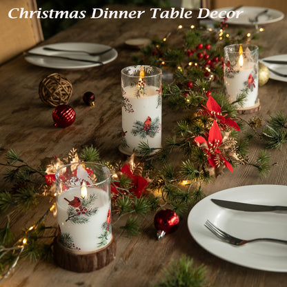 LUSHARBOR LUSHABOR Christmas Flameless Candles, 3 Pack Battery Operated Candles for Christmas Mantel Decor, Glass LED Flickering Candles Home Xmas Party Holiday D3 H4 5" 6", Bird