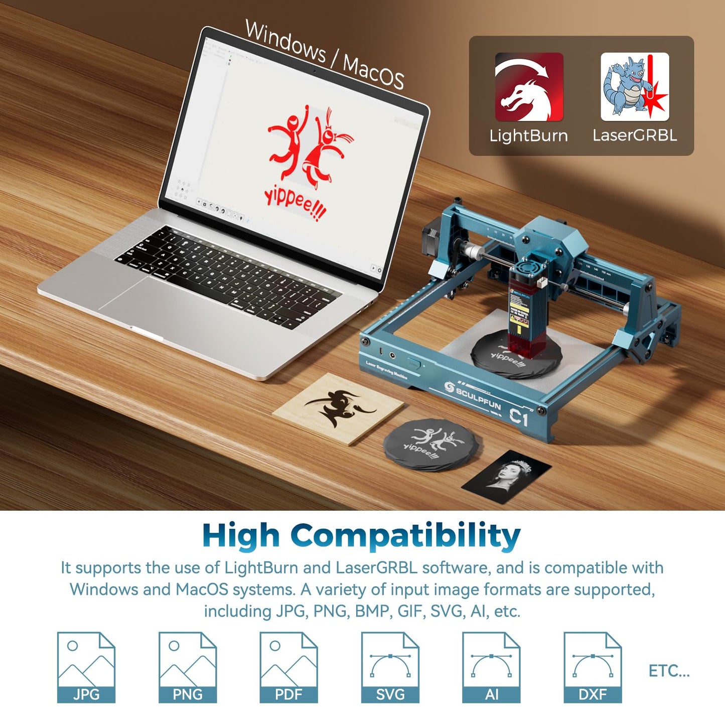 SCULPFUN C1 Mini Laser Engraver, 3W Portable Laser Engraving Machine with 0.04mm Ultra Fine Spot, Work for DIY Beginners,Plywood,Leather,Kraft Paper,Slate, Engraving Area 150 * 130mm