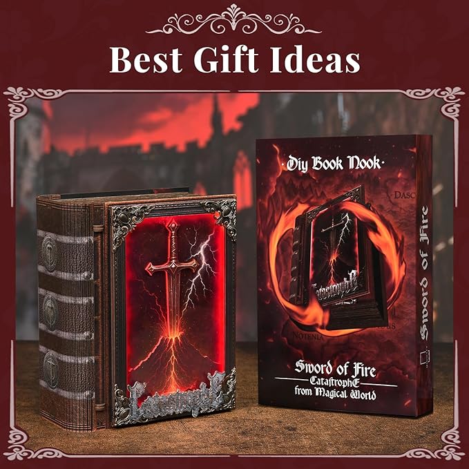 Book Nook Kit with LED Light Miniature House Kit for Birthday 3D Wooden Bookends Puzzle Bookshelf Decor for Adults Teens Beginners (The Sword of Fire)