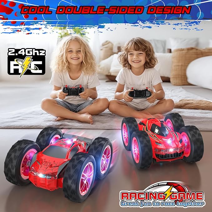 Remote Control Car for Kids RC Stunt Cars Toys for Boys Ages 4-7 with Cool Double-Sided Pattern and LED Flash 1:24 Vehicle Toy Car Hobby Racing Car Toys Gift for 3 4 5 6 7 8 9 Year Old Boys