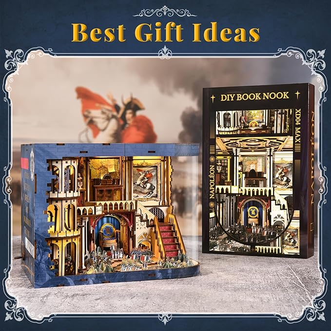 Book Nook Kit with LED Light Miniature House Kit for Birthday 3D Wooden Bookends Puzzle Bookshelf Decor for Adults Teens Beginners (Napoléon)