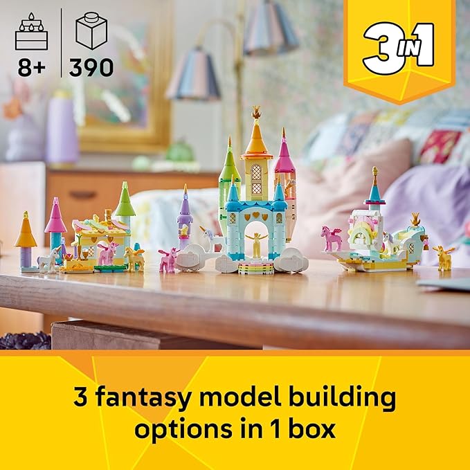 LEGO Creator 3 in 1 Unicorn Castle Building Toy for Kids - Unicorn Toy Trio for Girls &amp Boys Ages 8+ - Build 3 Pretend Play Toys with 1 Set of Building Blocks - Gift Idea for Birthdays - 31175