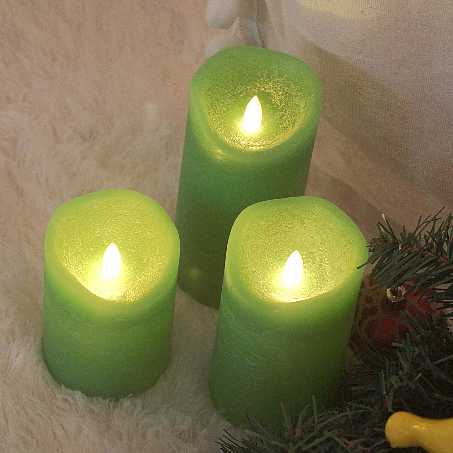 Magiq Set of 3 Apple Green Battery Operated Flameless Candles with Remote Timer Realistic Flickering Real Wax LED Pillars for St. Patrick's Day Table Centerpieces Christmas Decorations Home Decor