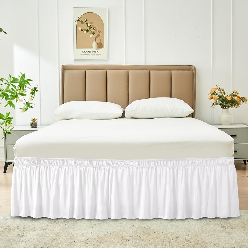 Biscaynebay Wrap Around Bed Skirts for Queen Beds 15" Drop, White Adjustable Elastic Dust Ruffles Easy Fit Wrinkle & Fade Resistant Silky Luxurious Fabric Machine Washable