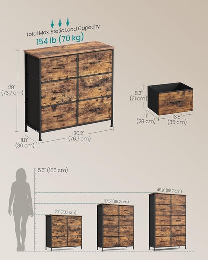 SONGMICS Dresser - 6 Non-Woven Fabric Drawers Storage Organizer Unit | Rustic Brown & Ink Black
