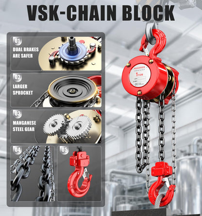 HUGOASIS Manual Chain Hoist 1 Ton 2200 Lbs Capacity 10ft with 2 Heavy Duty Hooks, Chain Fall Block for Warehouse Building Automotive Machinery,Red