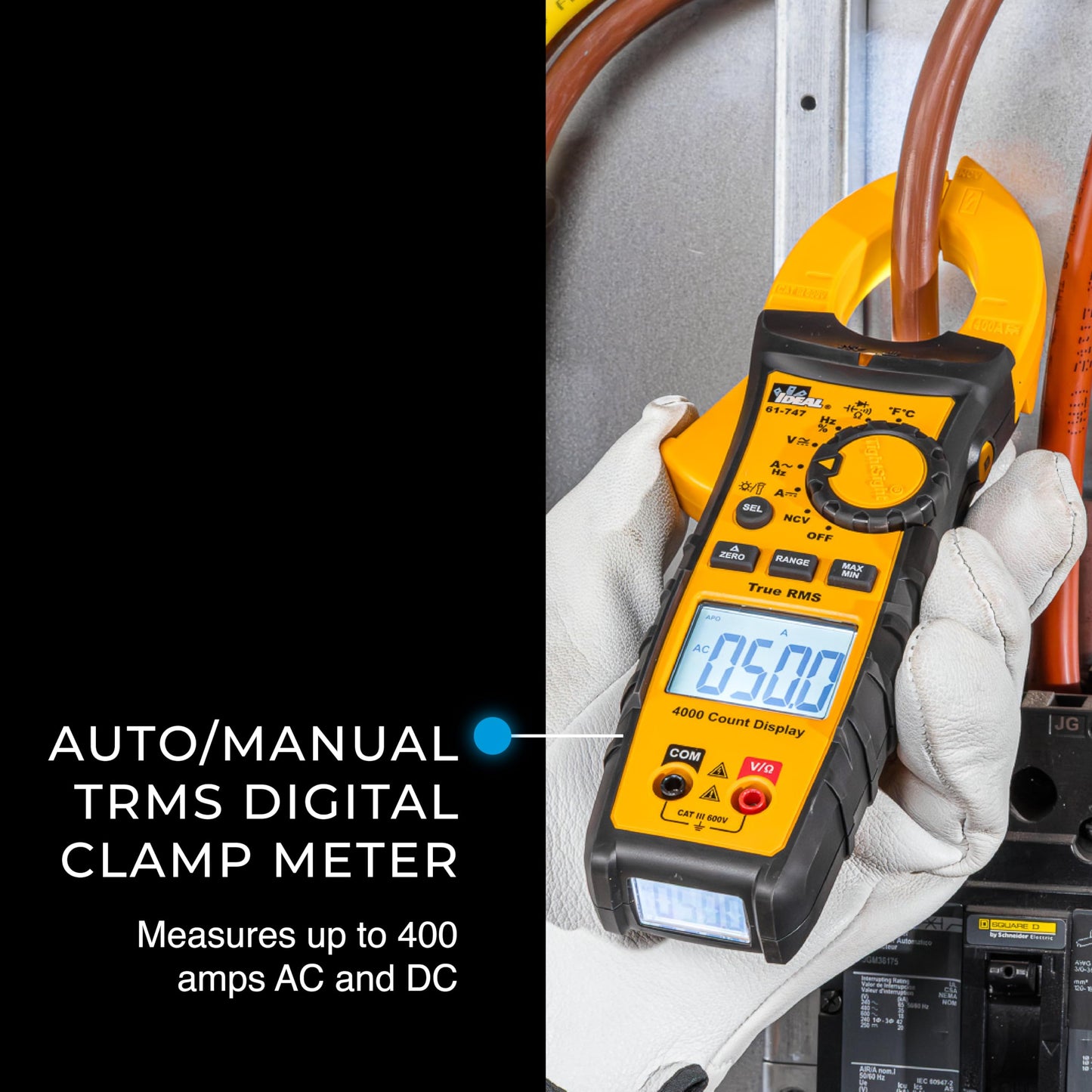 IDEAL Electrical 61-747 TightSight 400 Amp 600-Volt Digital Truerms AC/DC Clamp Meter, CAT III 600V, Dual Backlit Displays, Flashlight, NCV 40–600V, Temp, Continuity, Capacitance, Diodes, Probe Holder