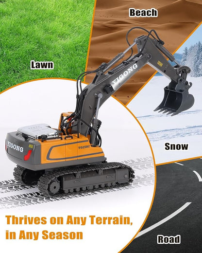 HuiJuKeJi 11-Channel Remote Control Excavator Toy Rechargeable 2.4 GHz RC Construction Vehicle for Kids 680° Rotation | Metal Shovel | Lights &amp Sounds for Boys Ages 6-12