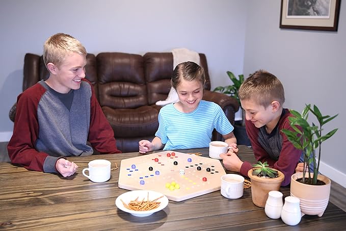 AmishToyBox.com Wahoo Marble Game Board Set - 20 Wide - Solid Oak Wood - Double-sided - with Large 18mm Marbles and Dice Included