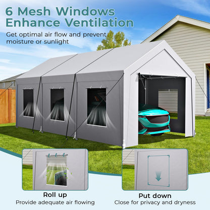 Carport 10x20 ft Heavy Duty, Car Port with Reinforced Steel Frame and 6 Roll-up Windows, Portable Garage with Sturdy Ground Nails, Waterproof All-Season Car Canopy for Boat, Truck, Grey