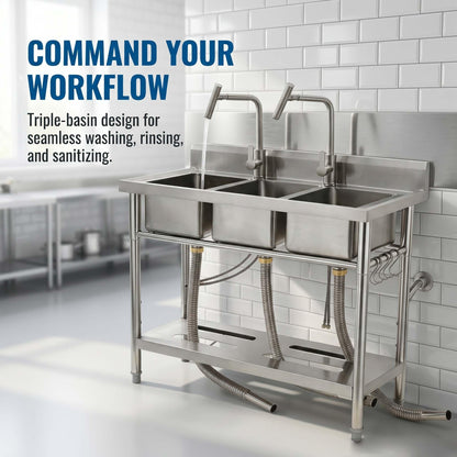 Utility Sink Freestanding Three Bowl Stainless Steel Sink, 39 x 18 x 36 Inch, No Drawer Stand and Two T-Shaped Faucets, Laundry Sink for Kitchen, Bathroom, Garage and Patio