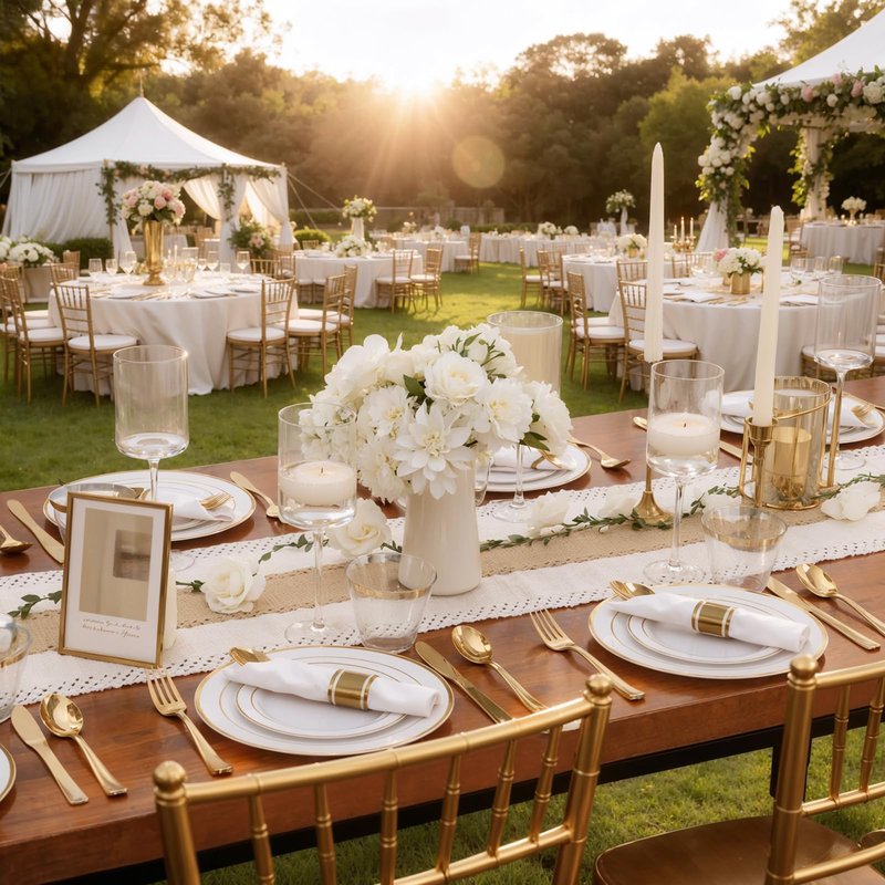 WDF Partyware 350Piece Gold Dinnerware Set for 50 Guests - Gold Plastic Plates with Disposable Cutlery - 50Dinner Plates-50Dessert Plates-50Pre Rolled Napkins with Silverware for Wedding/Mother's Day