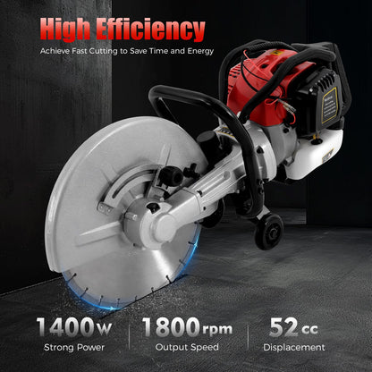 16In Gas Concrete Saw,1400w Concrete Gas Powered Cut-Off Saw with Blade and Directional Wheel, 2-Stroke 52cc Engine Cement Masonry Wet Dry Machine,4" Cut Depth,Motor Circular Cutter For Stone, Brick