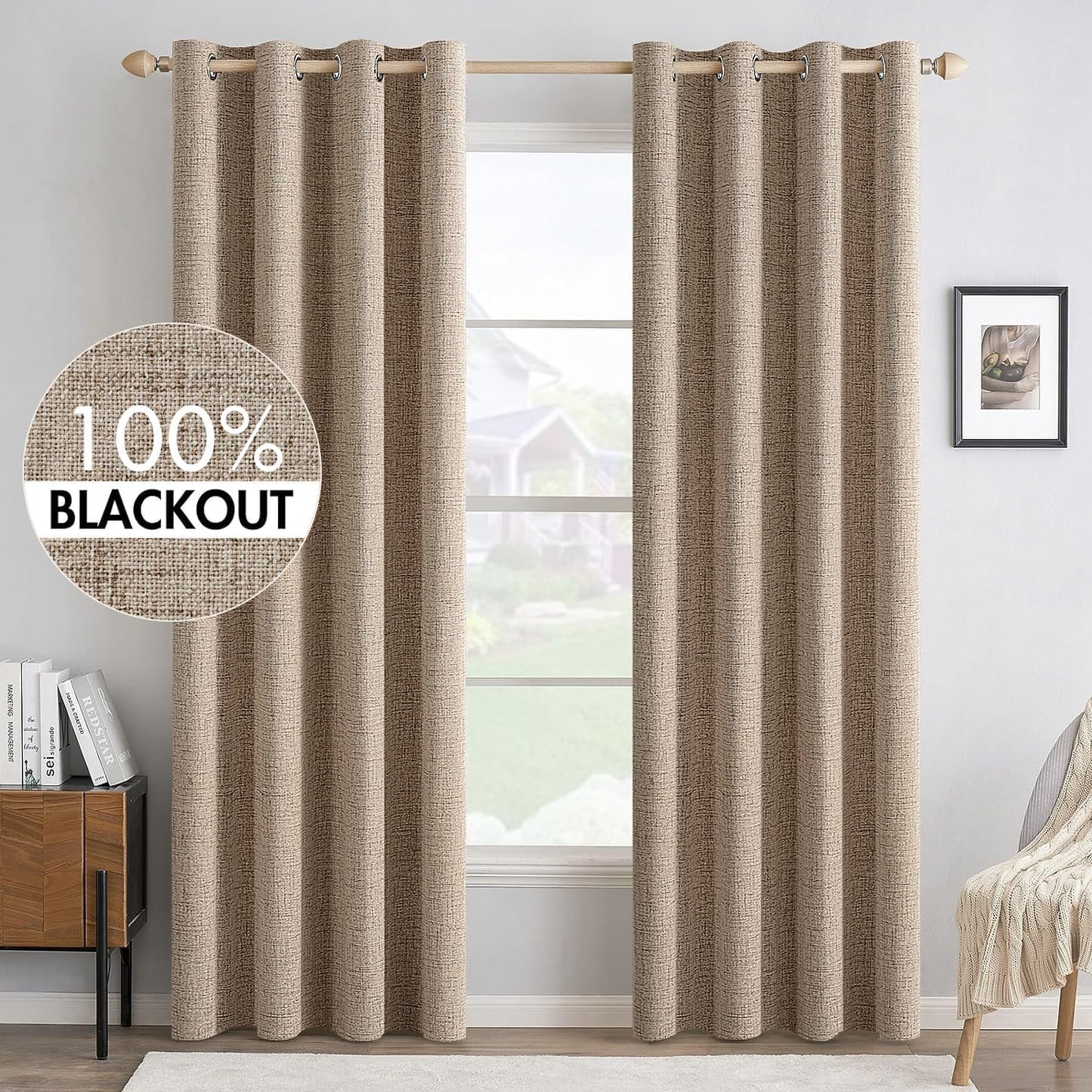 MIULEE Blackout Linen Textured Curtains - Thermal Insulated Copper Brown Drapes | 52 x 90 Inch (2 Panels)