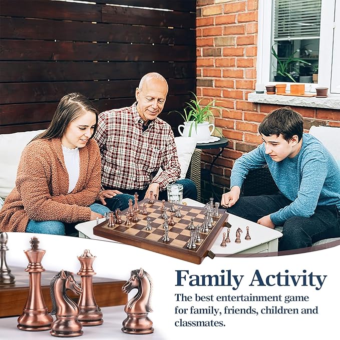 15 Inch Walnut Chess Board Set for Adults Kids Metal Chess Folding Portable Travel Chess Game for Tournament Professional Beginner with Manual