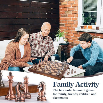 15 Inch Walnut Chess Board Set for Adults Kids Metal Chess Folding Portable Travel Chess Game for Tournament Professional Beginner with Manual