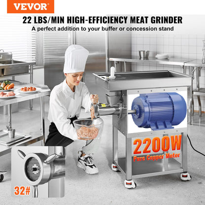 VEVOR Commercial Electric Meat Grinder, 22 Lb/Min Cabinet Meat Grinder, 2200W Industrial Grinder with Blade, Grinding Plate, Sausage Maker, Stainless Steel Meat Mincer Machine for Kitchen, Restaurant