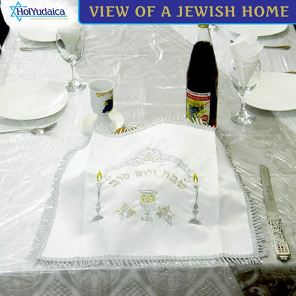 HolYudaica White Satin Challah Cover for Shabbat Bread (20"/16") with Shabbat Candlestick Silver & Gold Embroidery, from Israel, Nice Gifts (Silver, 1)