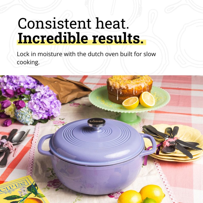 Lodge Essential Enamel Cast Iron Dutch Oven 6 Quarts - Perfect for Bread Baking, Braising, Marinating & Slow Cooking, Features Moisture-Sealing Lid & Dual Handles, Kitchen Essentials, Lilac