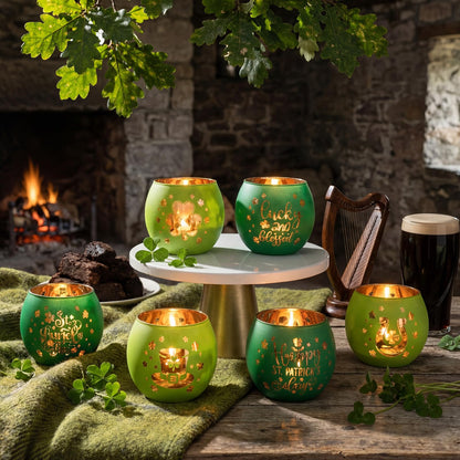 Yungyan 6 Set Green Votive Candle Holders Clovers Glass Holders Bulk with Laser Engraving Patterns Gifts for Weddings Shower Party, Table Centerpiece, Yoga & Bathroom Meditation Decoration