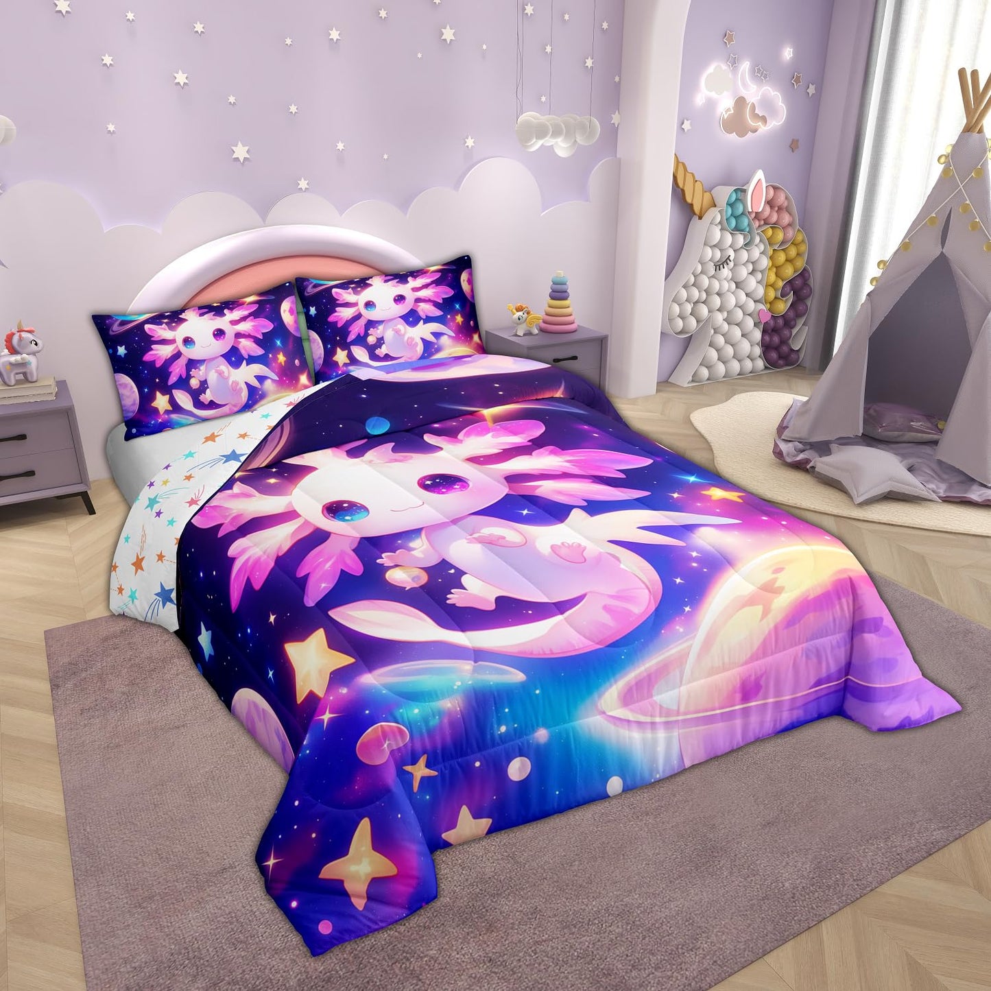 Erosebridal Axolotl Quilt Queen Size for Kids Boys Girls,Galaxy Planet Space Bedding Set Cartoon Animal Comforter Set Purple Dreamy Starry Bedding Comforter Sets