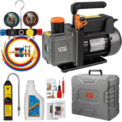 VTG VOGTEN 4.5 CFM AC Vacuum Pump and Gauge Set,for Mini Split/HVAC/Auto Systems,Manifold Gauge Kit Fits R134a R22 R410a,with Leak Detector,Upgraded Trifold Storage Case,4 Hoses,2 R134a Can Taps