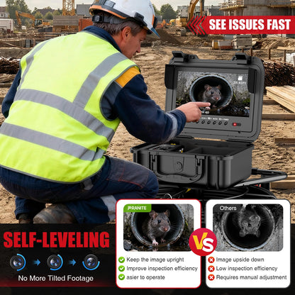 Self-Leveling Sewer Camera with 512Hz Sonde, Distance Counter, 7mm Semi-Rigid Cable, 9 Inch 1080P IPS Screen, 23mm Waterproof Pipe Inspection Camera for Plumber (100ft/30m)